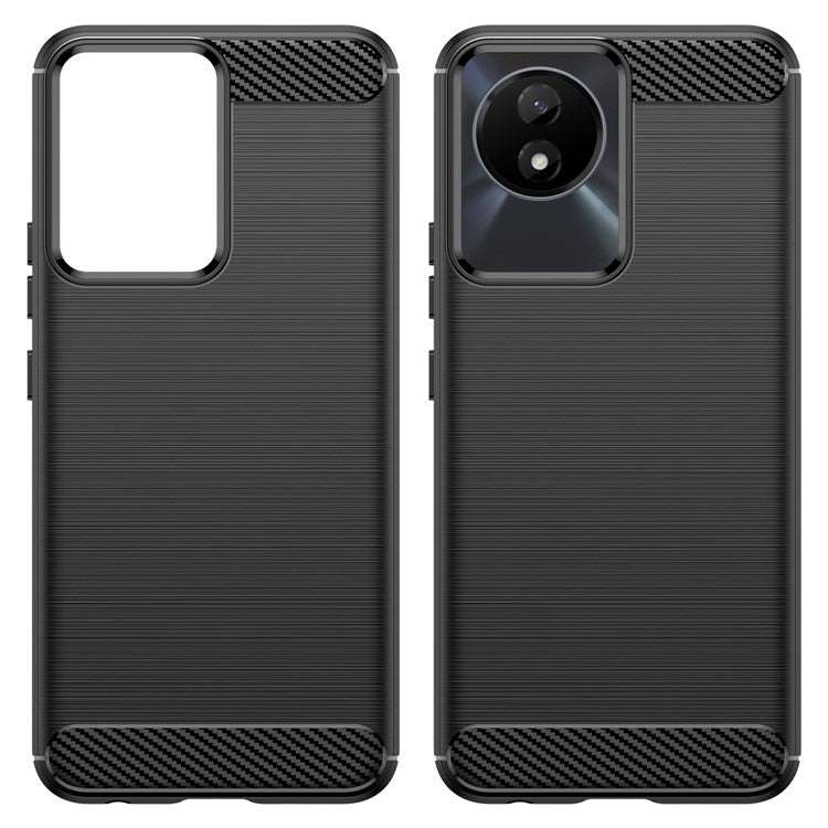 For vivo Y02 4G Shockproof Brushed Mobile Phone Case Carbon Fiber Texture TPU Protective Phone Cover - Black