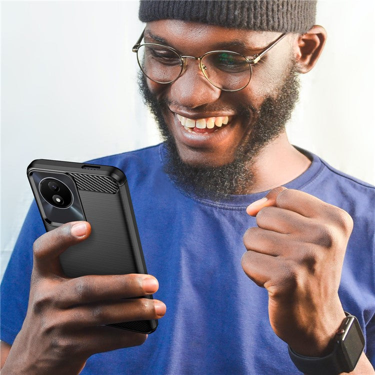 For vivo Y02 4G Shockproof Brushed Mobile Phone Case Carbon Fiber Texture TPU Protective Phone Cover - Black