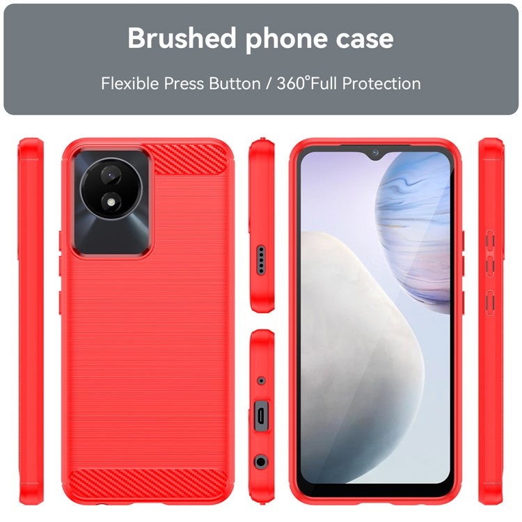 For vivo Y02 4G Shockproof Brushed Mobile Phone Case Carbon Fiber Texture TPU Protective Phone Cover - Red