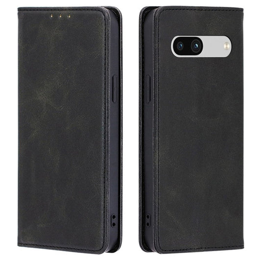 PU Leather Protective Phone Cover For Google Pixel 7a, Magnetic Auto-absorbed Wallet Stand Shockproof Calf Texture Phone Case - Black