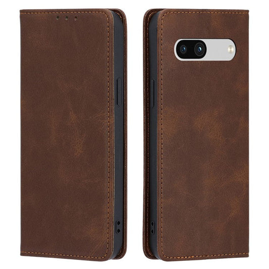 PU Leather Protective Phone Cover For Google Pixel 7a, Magnetic Auto-absorbed Wallet Stand Shockproof Calf Texture Phone Case - Brown