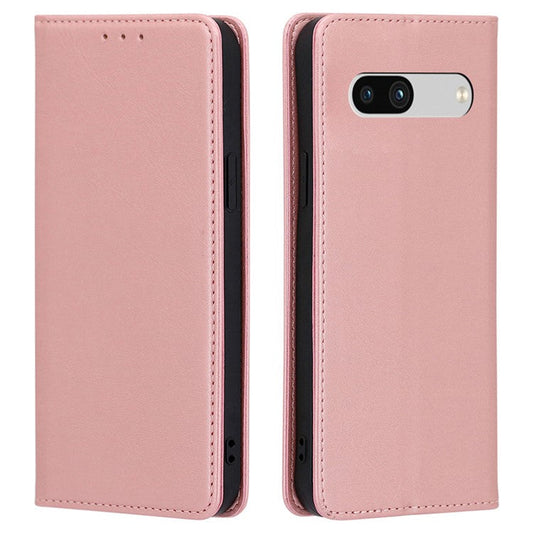 PU Leather Protective Phone Cover For Google Pixel 7a, Magnetic Auto-absorbed Wallet Stand Shockproof Calf Texture Phone Case - Rose Gold