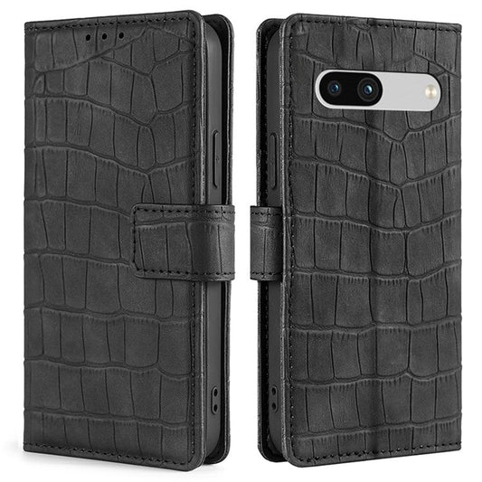 For Google Pixel 7a Crocodile Texture Skin-touch Feeling Phone Case Drop-proof PU Leather Cell Phone Cover with Wallet Stand - Black