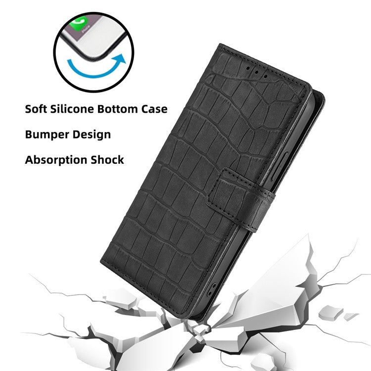 For Google Pixel 7a Crocodile Texture Skin-touch Feeling Phone Case Drop-proof PU Leather Cell Phone Cover with Wallet Stand - Black