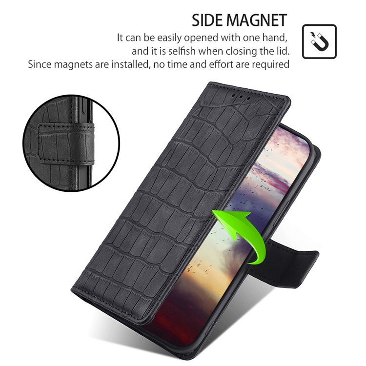 For Google Pixel 7a Crocodile Texture Skin-touch Feeling Phone Case Drop-proof PU Leather Cell Phone Cover with Wallet Stand - Black