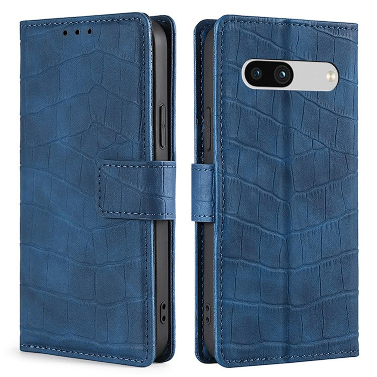 For Google Pixel 7a Crocodile Texture Skin-touch Feeling Phone Case Drop-proof PU Leather Cell Phone Cover with Wallet Stand - Blue