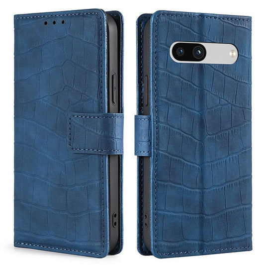 For Google Pixel 7a Crocodile Texture Skin-touch Feeling Phone Case Drop-proof PU Leather Cell Phone Cover with Wallet Stand - Blue