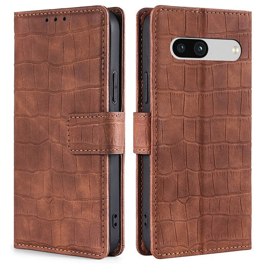 For Google Pixel 7a Crocodile Texture Skin-touch Feeling Phone Case Drop-proof PU Leather Cell Phone Cover with Wallet Stand - Brown