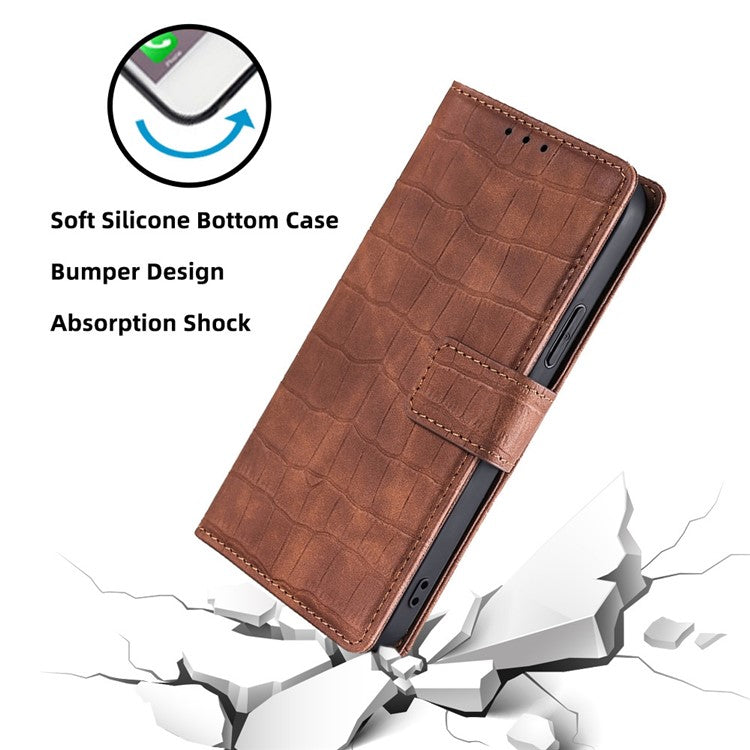 For Google Pixel 7a Crocodile Texture Skin-touch Feeling Phone Case Drop-proof PU Leather Cell Phone Cover with Wallet Stand - Brown