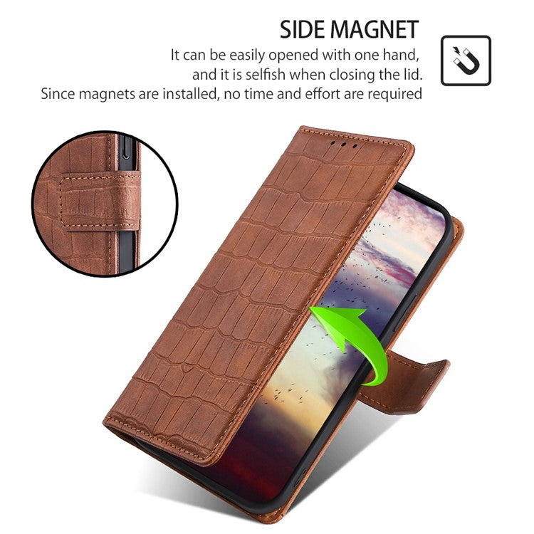 For Google Pixel 7a Crocodile Texture Skin-touch Feeling Phone Case Drop-proof PU Leather Cell Phone Cover with Wallet Stand - Brown
