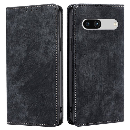 For Google Pixel 7a RFID Blocking Phone Case Foldable Stand Textured PU Leather Magnetic Closure Anti-shock Flip Wallet Cover - Black