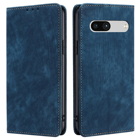For Google Pixel 7a RFID Blocking Phone Case Foldable Stand Textured PU Leather Magnetic Closure Anti-shock Flip Wallet Cover - Blue