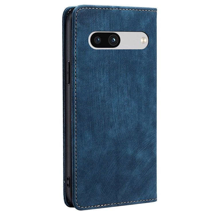 For Google Pixel 7a RFID Blocking Phone Case Foldable Stand Textured PU Leather Magnetic Closure Anti-shock Flip Wallet Cover - Blue
