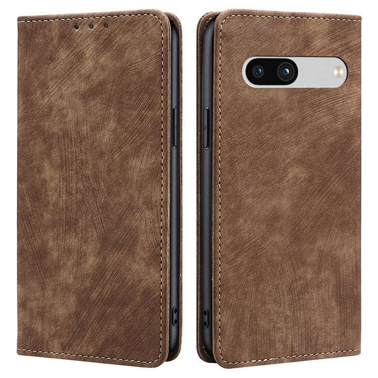 For Google Pixel 7a RFID Blocking Phone Case Foldable Stand Textured PU Leather Magnetic Closure Anti-shock Flip Wallet Cover - Brown