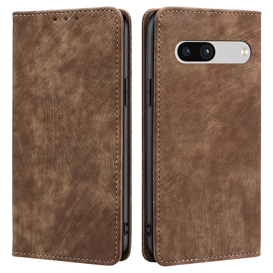 For Google Pixel 7a RFID Blocking Phone Case Foldable Stand Textured PU Leather Magnetic Closure Anti-shock Flip Wallet Cover - Brown