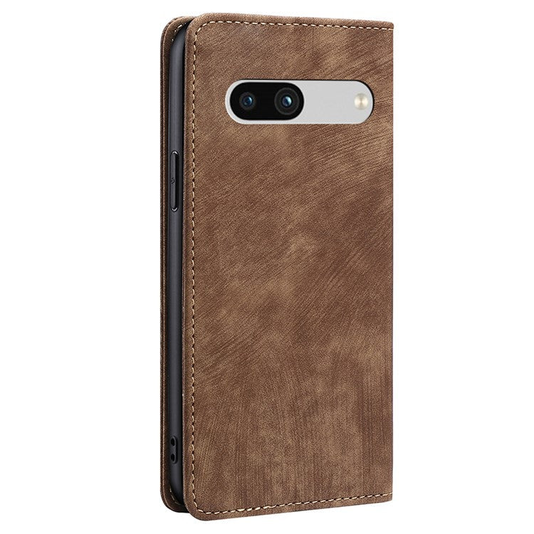 For Google Pixel 7a RFID Blocking Phone Case Foldable Stand Textured PU Leather Magnetic Closure Anti-shock Flip Wallet Cover - Brown