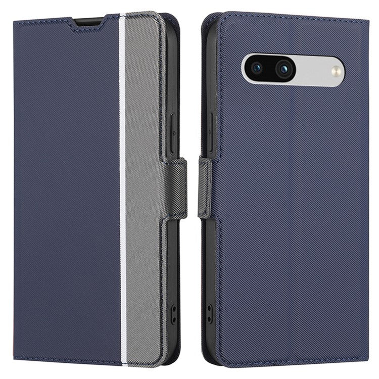 For Google Pixel 7a PU Leather Phone Case Dual Magnetic Clasp Twill Texture Stand Card Holder Full Protection Slim Phone Cover - Blue