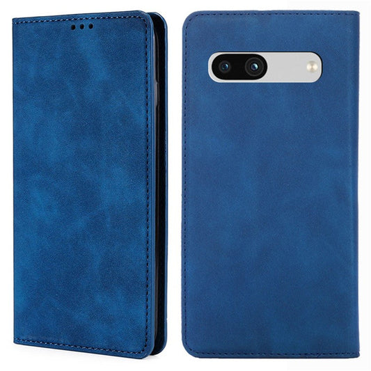 For Google Pixel 7a Drop-proof PU Leather Phone Case with Card Holders Skin-touch Feeling Magnetic Auto-absorbed Stand Flip Folio Phone Cover - Blue