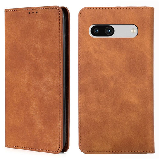 For Google Pixel 7a Drop-proof PU Leather Phone Case with Card Holders Skin-touch Feeling Magnetic Auto-absorbed Stand Flip Folio Phone Cover - Light Brown