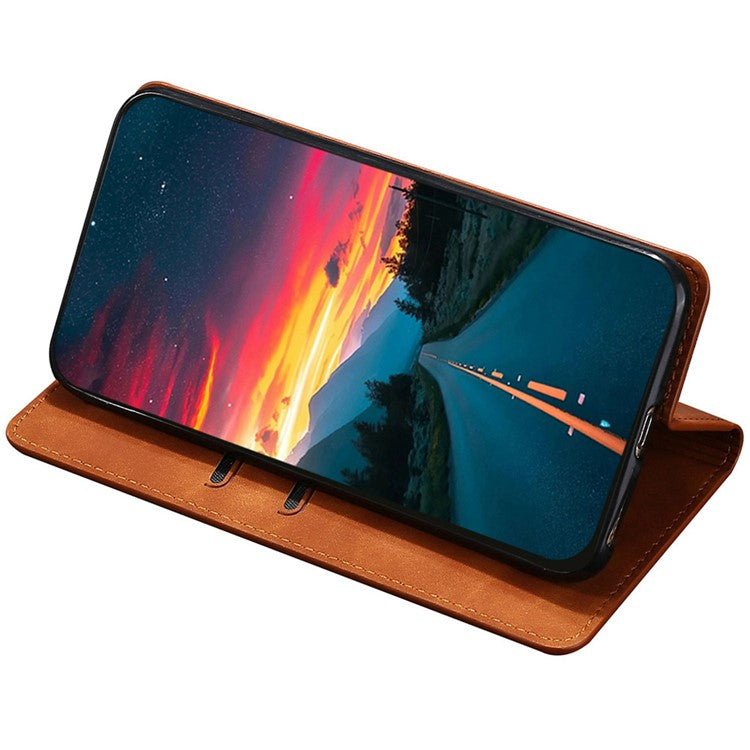 For Google Pixel 7a Drop-proof PU Leather Phone Case with Card Holders Skin-touch Feeling Magnetic Auto-absorbed Stand Flip Folio Phone Cover - Light Brown