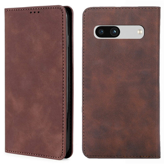 For Google Pixel 7a Drop-proof PU Leather Phone Case with Card Holders Skin-touch Feeling Magnetic Auto-absorbed Stand Flip Folio Phone Cover - Dark Brown
