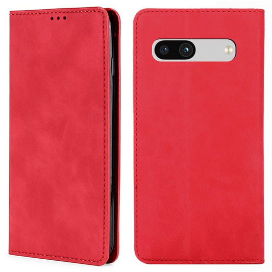 For Google Pixel 7a Drop-proof PU Leather Phone Case with Card Holders Skin-touch Feeling Magnetic Auto-absorbed Stand Flip Folio Phone Cover - Red