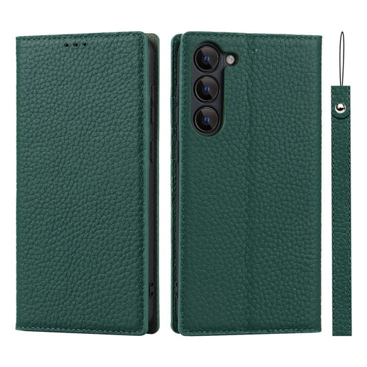 For Samsung Galaxy S23 Shockproof Litchi Texture Phone Case Flip Genuine Leather Wallet Stand Phone Protective Cover with Hand Strap - Green