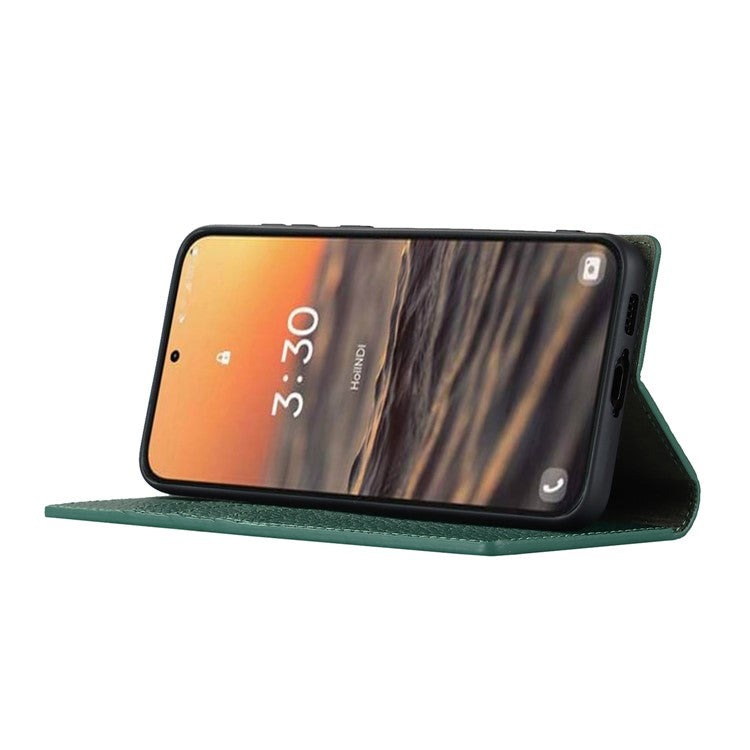 For Samsung Galaxy S23 Shockproof Litchi Texture Phone Case Flip Genuine Leather Wallet Stand Phone Protective Cover with Hand Strap - Green