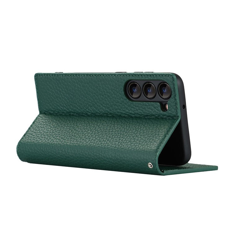 For Samsung Galaxy S23 Shockproof Litchi Texture Phone Case Flip Genuine Leather Wallet Stand Phone Protective Cover with Hand Strap - Green