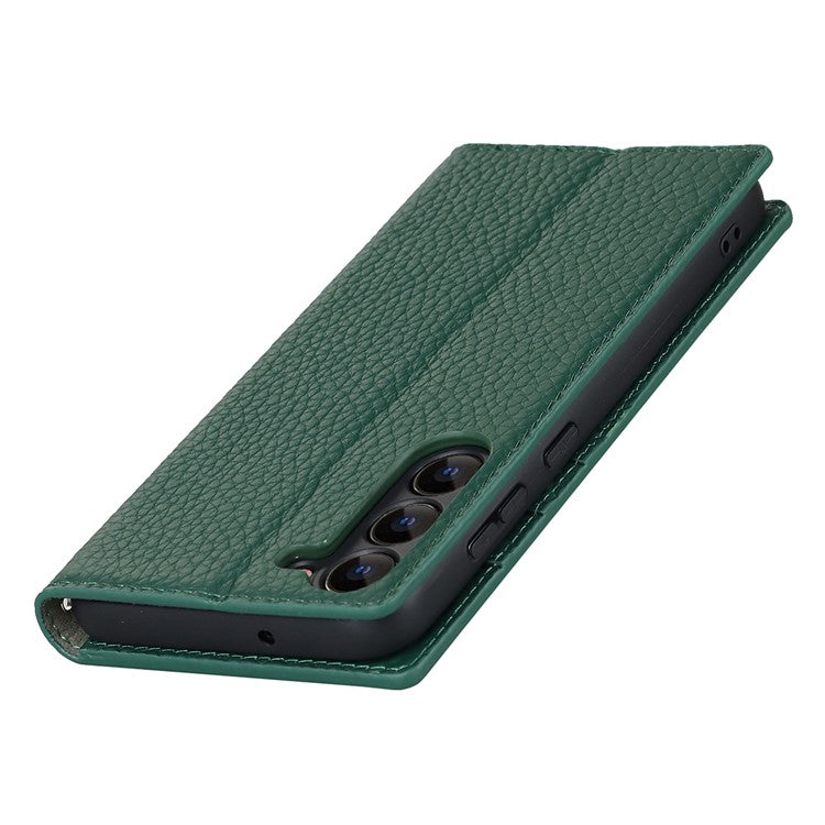 For Samsung Galaxy S23 Shockproof Litchi Texture Phone Case Flip Genuine Leather Wallet Stand Phone Protective Cover with Hand Strap - Green