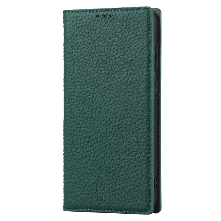 For Samsung Galaxy S23 Shockproof Litchi Texture Phone Case Flip Genuine Leather Wallet Stand Phone Protective Cover with Hand Strap - Green