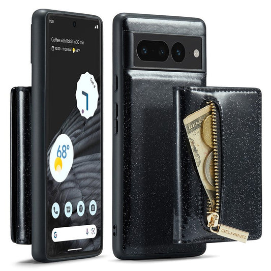 DG.MING M3 Series For Google Pixel 7 Pro 5G Glitter Bling Powder PU Leather Magnetic Anti-drop Phone Cover Detachable PC+TPU Kickstand Wallet Phone Case - Black