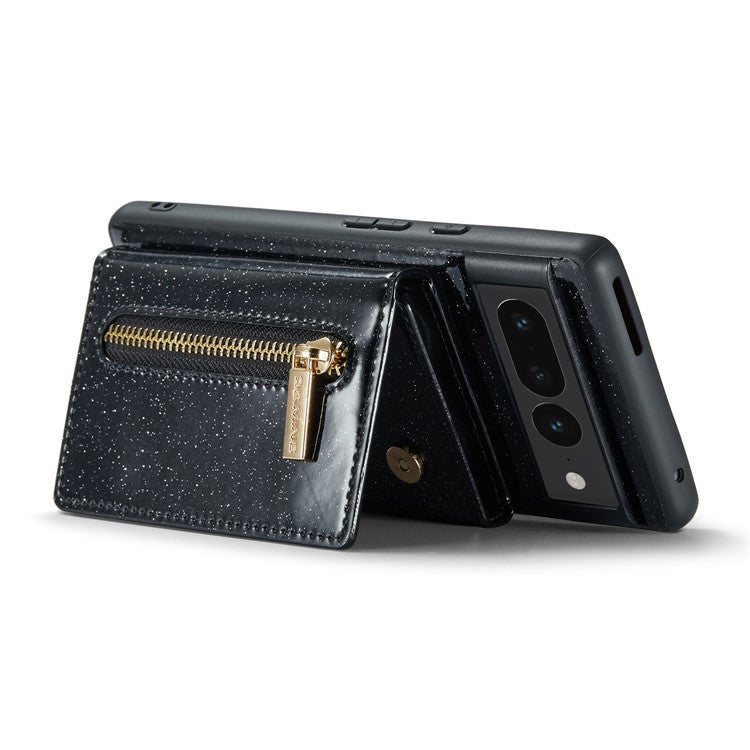 DG.MING M3 Series For Google Pixel 7 Pro 5G Glitter Bling Powder PU Leather Magnetic Anti-drop Phone Cover Detachable PC+TPU Kickstand Wallet Phone Case - Black
