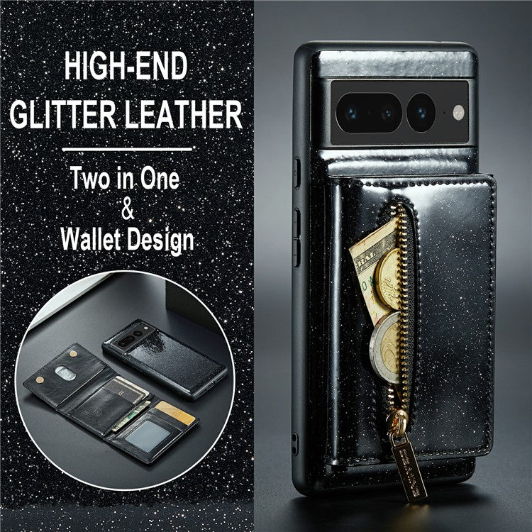 DG.MING M3 Series For Google Pixel 7 Pro 5G Glitter Bling Powder PU Leather Magnetic Anti-drop Phone Cover Detachable PC+TPU Kickstand Wallet Phone Case - Black