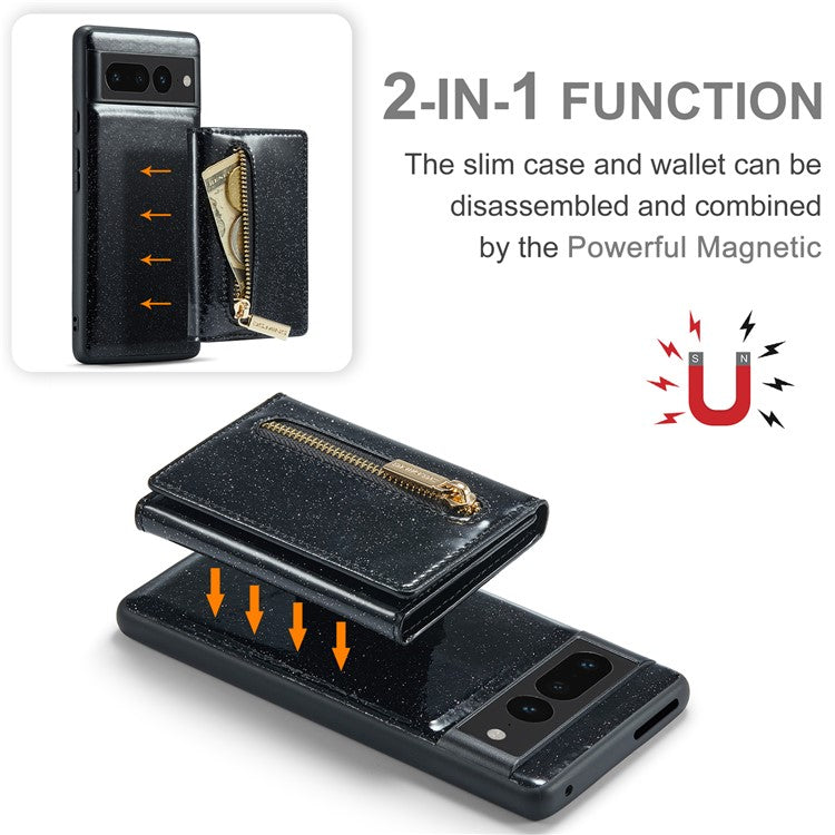 DG.MING M3 Series For Google Pixel 7 Pro 5G Glitter Bling Powder PU Leather Magnetic Anti-drop Phone Cover Detachable PC+TPU Kickstand Wallet Phone Case - Black