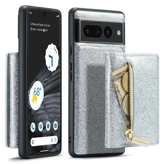 DG.MING M3 Series For Google Pixel 7 Pro 5G Glitter Bling Powder PU Leather Magnetic Anti-drop Phone Cover Detachable PC+TPU Kickstand Wallet Phone Case - Silver