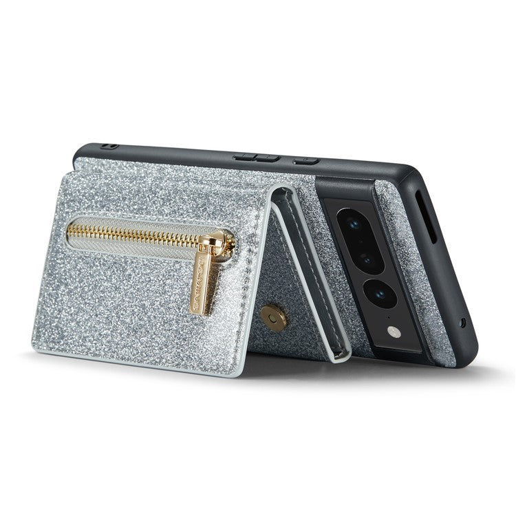 DG.MING M3 Series For Google Pixel 7 Pro 5G Glitter Bling Powder PU Leather Magnetic Anti-drop Phone Cover Detachable PC+TPU Kickstand Wallet Phone Case - Silver