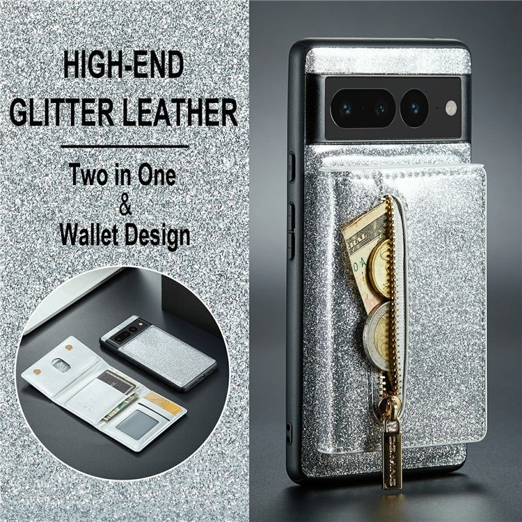 DG.MING M3 Series For Google Pixel 7 Pro 5G Glitter Bling Powder PU Leather Magnetic Anti-drop Phone Cover Detachable PC+TPU Kickstand Wallet Phone Case - Silver