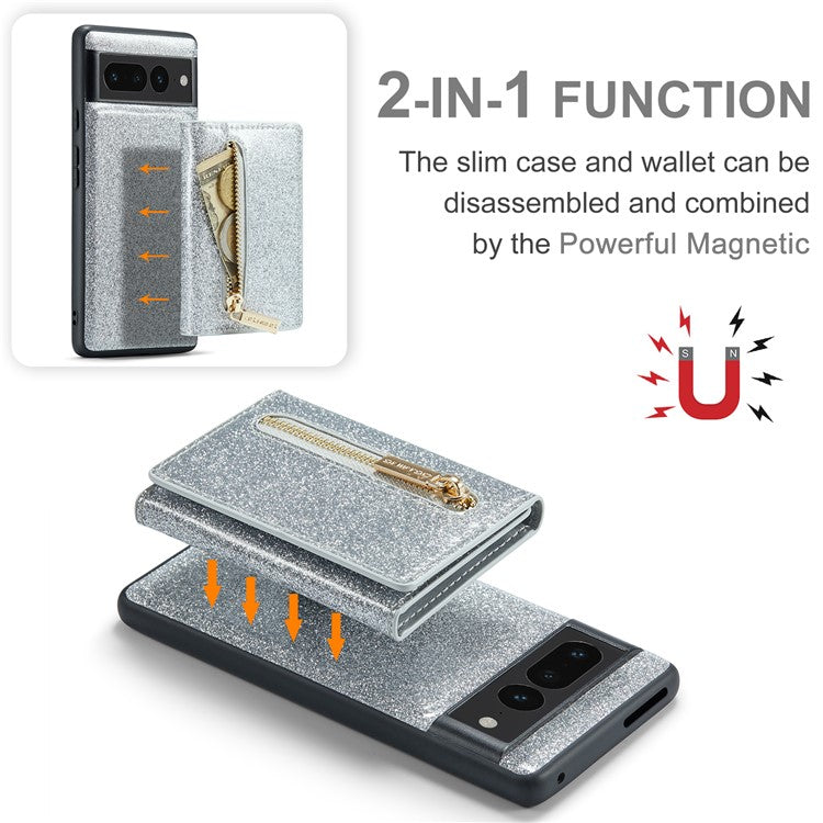 DG.MING M3 Series For Google Pixel 7 Pro 5G Glitter Bling Powder PU Leather Magnetic Anti-drop Phone Cover Detachable PC+TPU Kickstand Wallet Phone Case - Silver