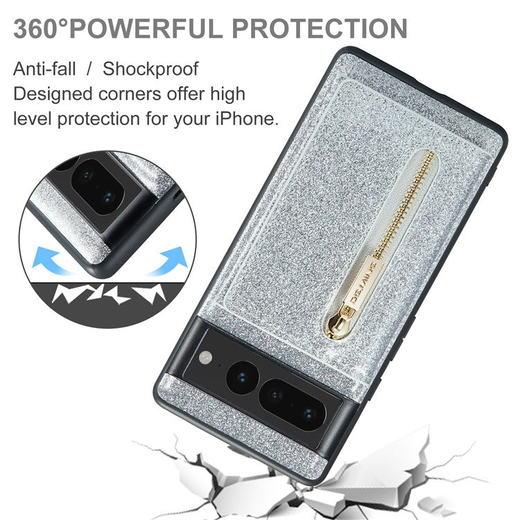 DG.MING M3 Series For Google Pixel 7 Pro 5G Glitter Bling Powder PU Leather Magnetic Anti-drop Phone Cover Detachable PC+TPU Kickstand Wallet Phone Case - Silver