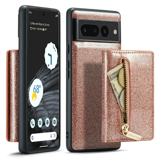 DG.MING M3 Series For Google Pixel 7 Pro 5G Glitter Bling Powder PU Leather Magnetic Anti-drop Phone Cover Detachable PC+TPU Kickstand Wallet Phone Case - Rose Gold