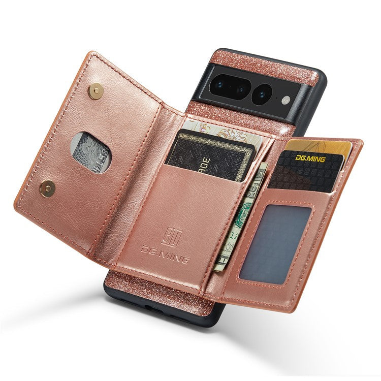 DG.MING M3 Series For Google Pixel 7 Pro 5G Glitter Bling Powder PU Leather Magnetic Anti-drop Phone Cover Detachable PC+TPU Kickstand Wallet Phone Case - Rose Gold