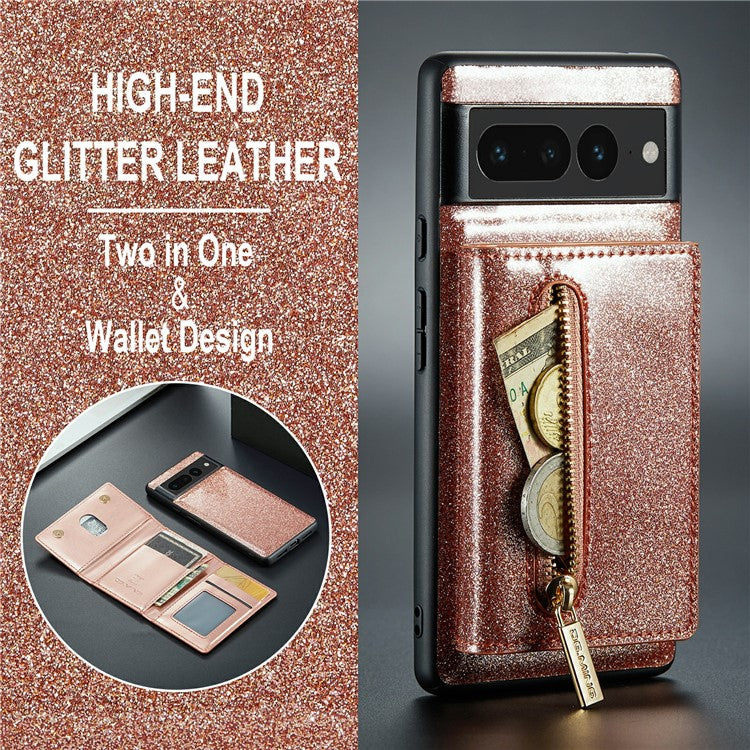 DG.MING M3 Series For Google Pixel 7 Pro 5G Glitter Bling Powder PU Leather Magnetic Anti-drop Phone Cover Detachable PC+TPU Kickstand Wallet Phone Case - Rose Gold