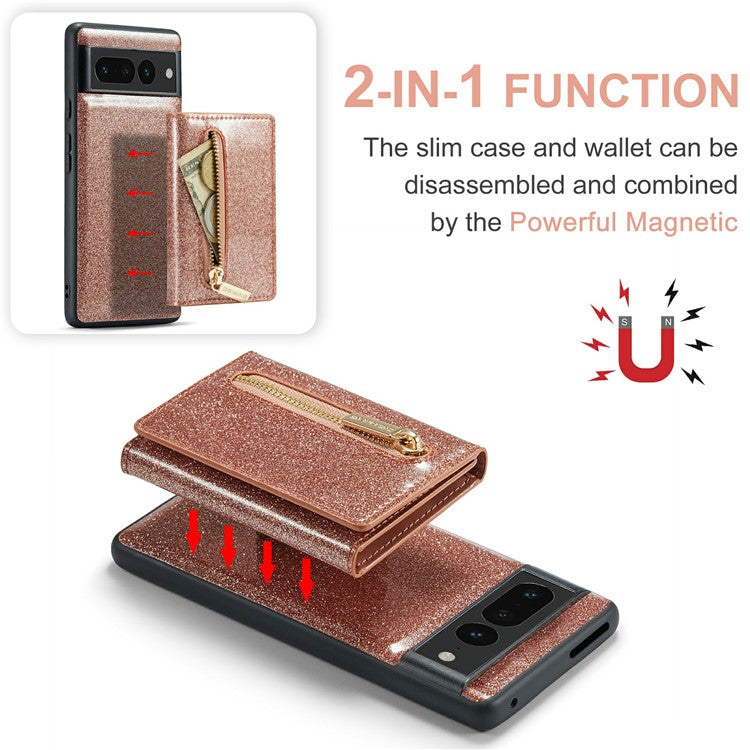 DG.MING M3 Series For Google Pixel 7 Pro 5G Glitter Bling Powder PU Leather Magnetic Anti-drop Phone Cover Detachable PC+TPU Kickstand Wallet Phone Case - Rose Gold