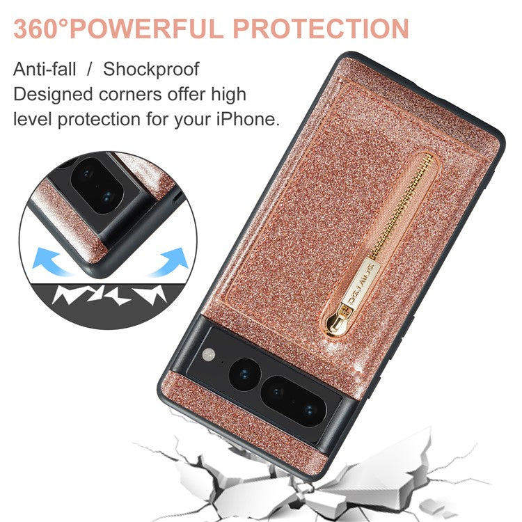 DG.MING M3 Series For Google Pixel 7 Pro 5G Glitter Bling Powder PU Leather Magnetic Anti-drop Phone Cover Detachable PC+TPU Kickstand Wallet Phone Case - Rose Gold