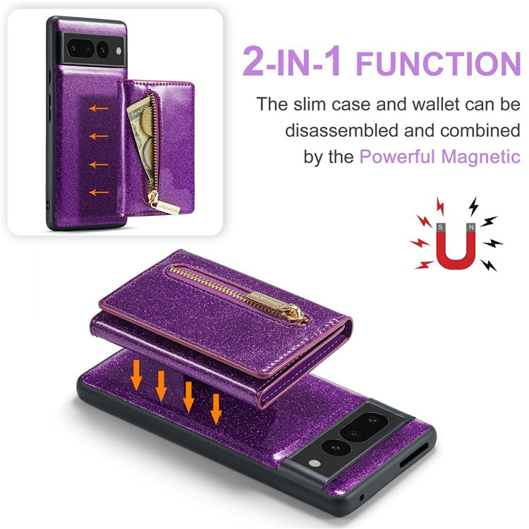 DG.MING M3 Series For Google Pixel 7 Pro 5G Glitter Bling Powder PU Leather Magnetic Anti-drop Phone Cover Detachable PC+TPU Kickstand Wallet Phone Case - Dark Purple