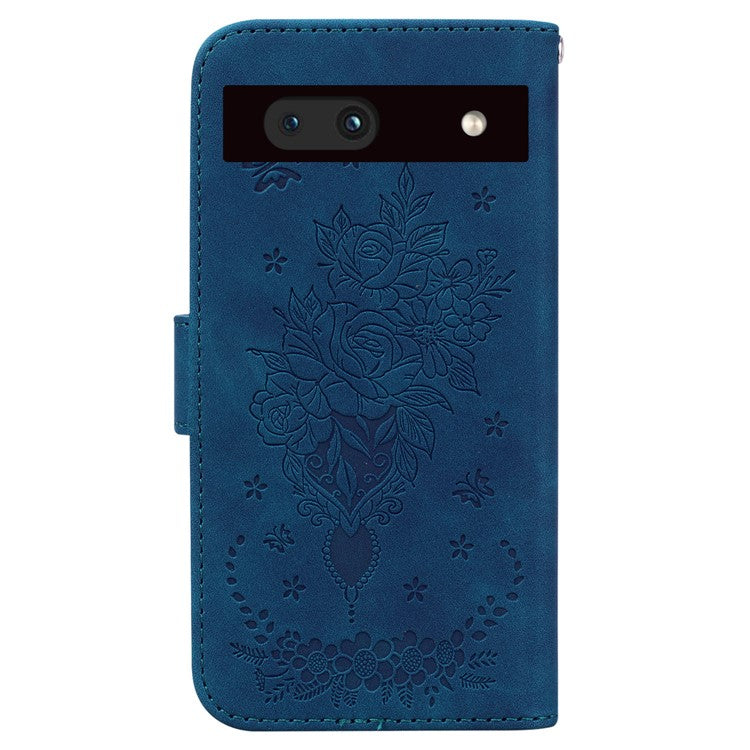 For Google Pixel 7a Anti-collision Imprinted Rose Butterfly PU Leather+TPU Inner Shell Magnetic Closure Wallet Stand Phone Cover with Strap - Blue
