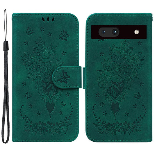 For Google Pixel 7a Anti-collision Imprinted Rose Butterfly PU Leather+TPU Inner Shell Magnetic Closure Wallet Stand Phone Cover with Strap - Green
