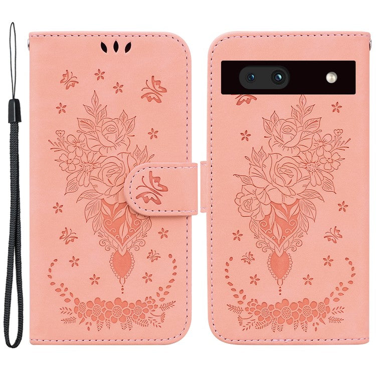 For Google Pixel 7a Anti-collision Imprinted Rose Butterfly PU Leather+TPU Inner Shell Magnetic Closure Wallet Stand Phone Cover with Strap - Pink