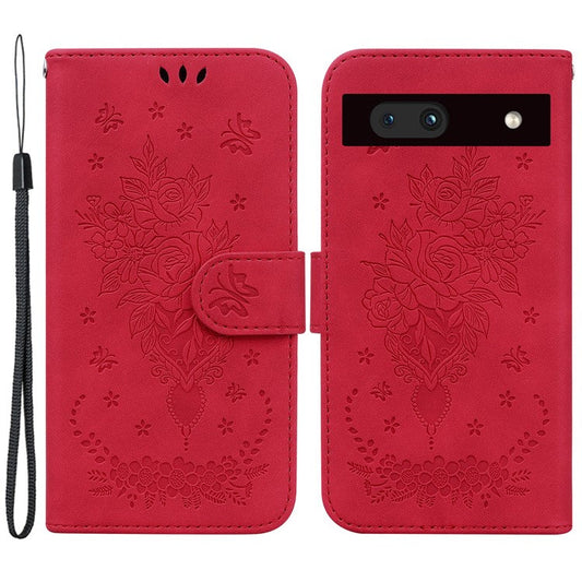 For Google Pixel 7a Anti-collision Imprinted Rose Butterfly PU Leather+TPU Inner Shell Magnetic Closure Wallet Stand Phone Cover with Strap - Red
